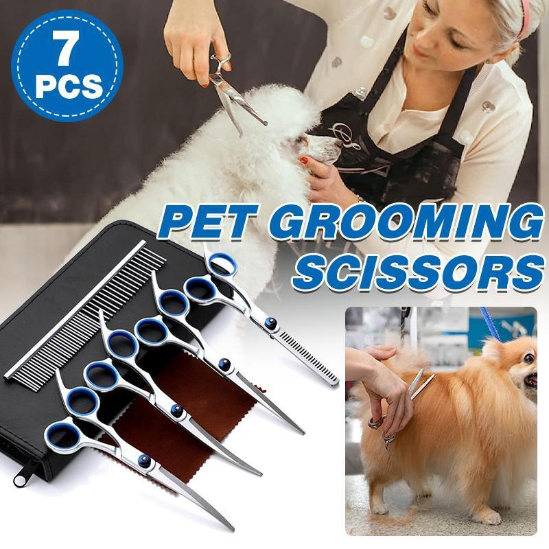 7 PCS Pet Grooming Scissors Set | Straight, Curved & Thinning Shears | Dogs & Cats