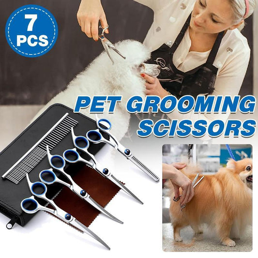 7 PCS Pet Grooming Scissors Set | Straight, Curved & Thinning Shears | Dogs & Cats