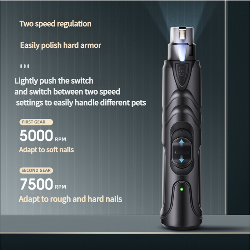 Dual-Speed Pet Nail Grinder with LED Light | USB Rechargeable 5000-7500 RPM | Dog & Cat
