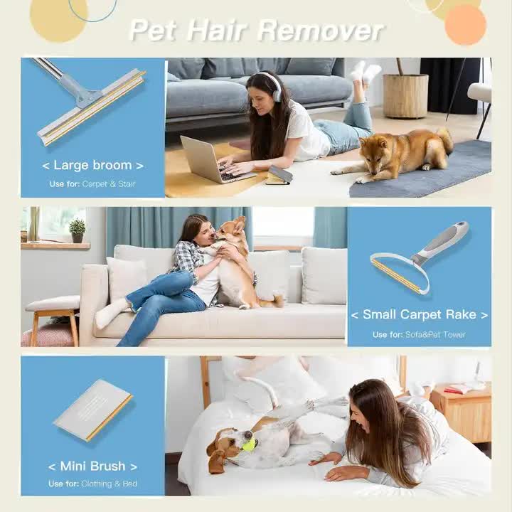 Grey Pet Hair Removal Tool Set | Multi-Purpose Sweeper Scraper & Handheld Fur Remover