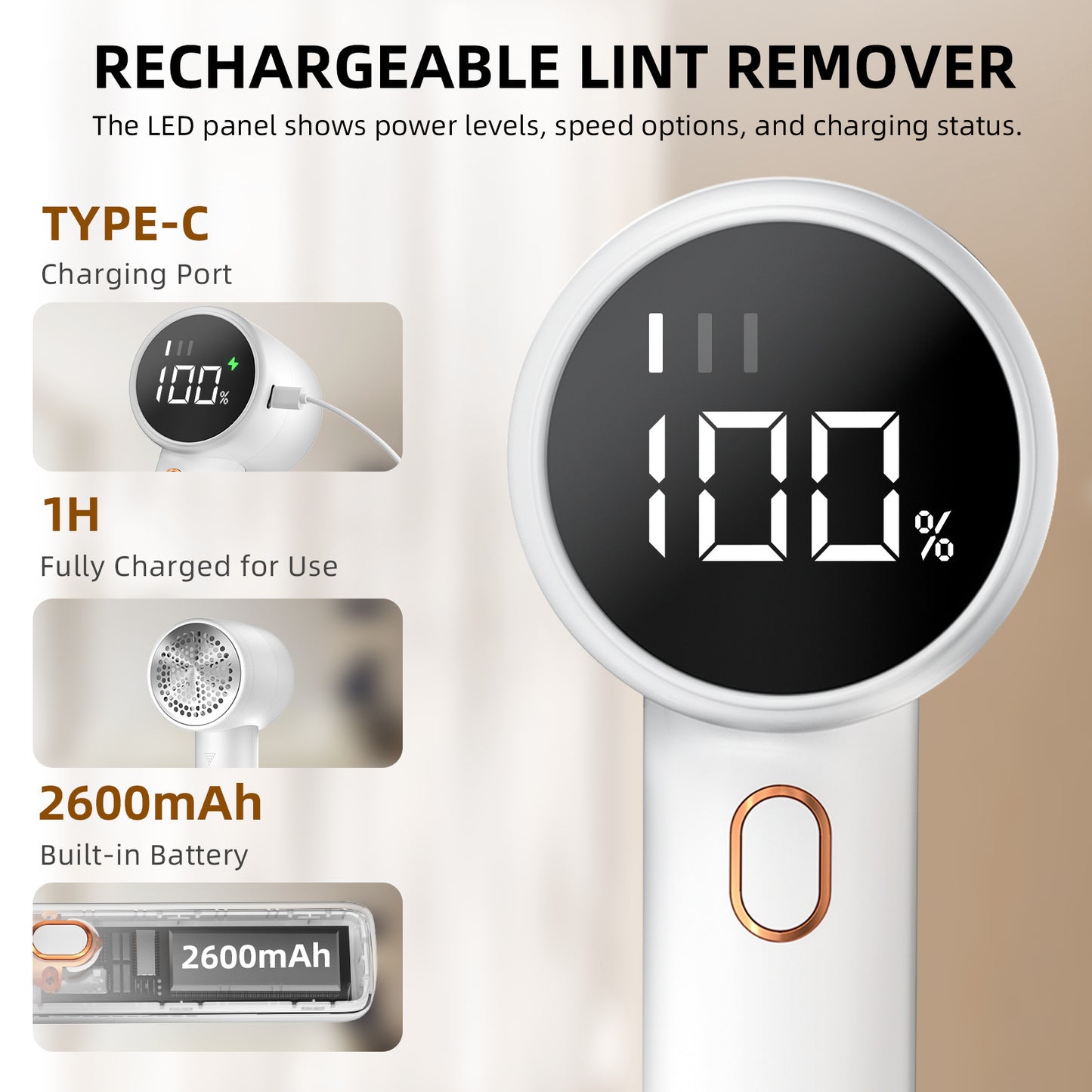 Black Rechargeable Electric Lint Remover | 3-Speed LED Display | USB-C | 2600mAh | Pet & Fabric