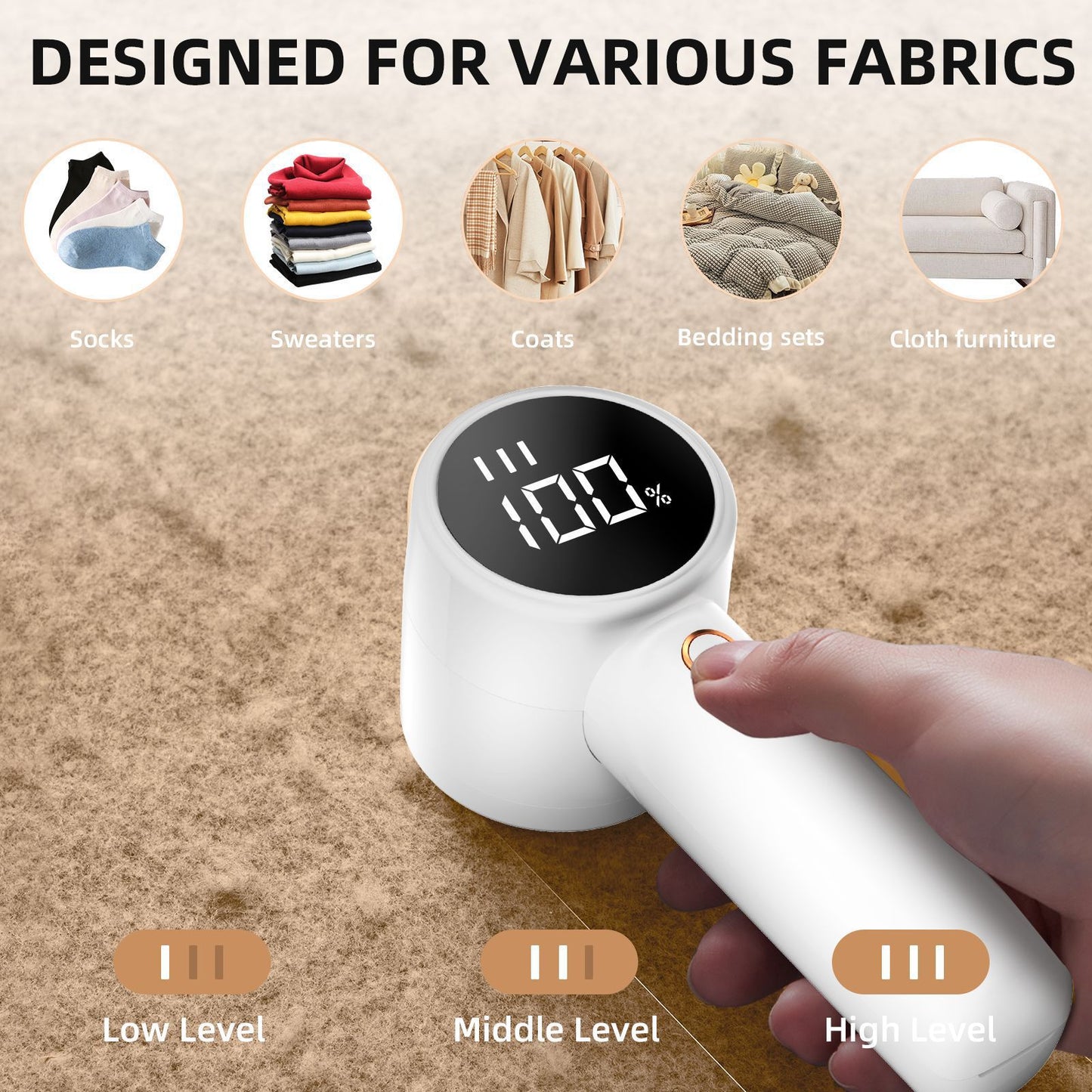 Black Rechargeable Electric Lint Remover | 3-Speed LED Display | USB-C | 2600mAh | Pet & Fabric