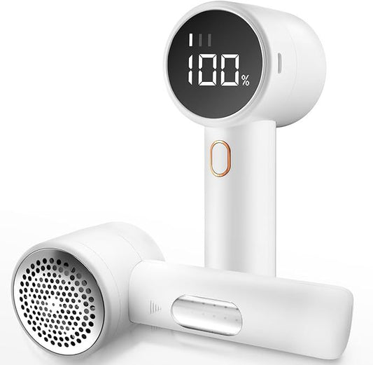 White Rechargeable Electric Lint Remover | 3-Speed LED Display | USB-C | 2600mAh | Pet & Fabric
