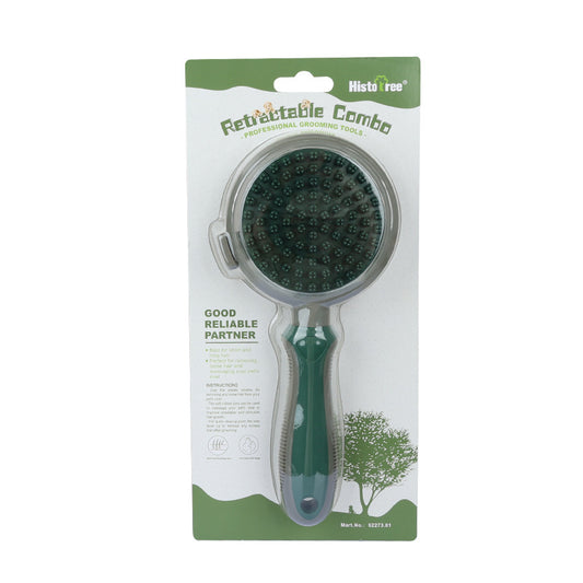 Green & Grey Dual-Sided Self-Cleaning Pet Grooming Brush | Slicker & Massage Comb | Dogs & Cats