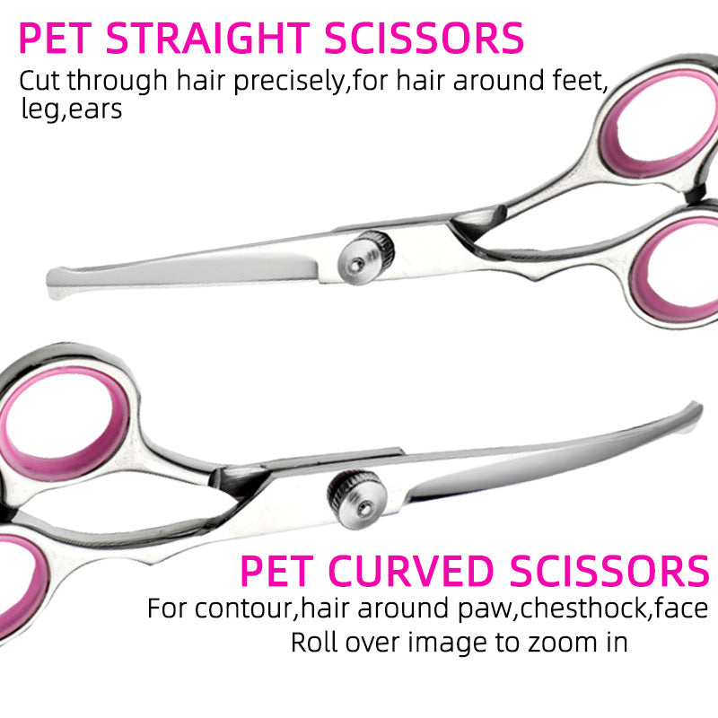 Pink & Silver 5-Piece Pet Grooming Scissors Kit | Stainless Steel Straight, Curved & Thinning Shears | 6 Inch