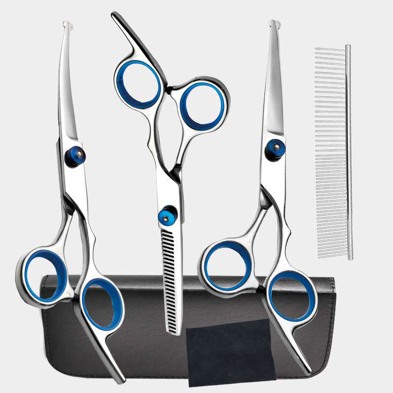 Blue & Silver 5-Piece Pet Grooming Scissors Kit | Stainless Steel Straight, Curved & Thinning Shears | 6 Inch