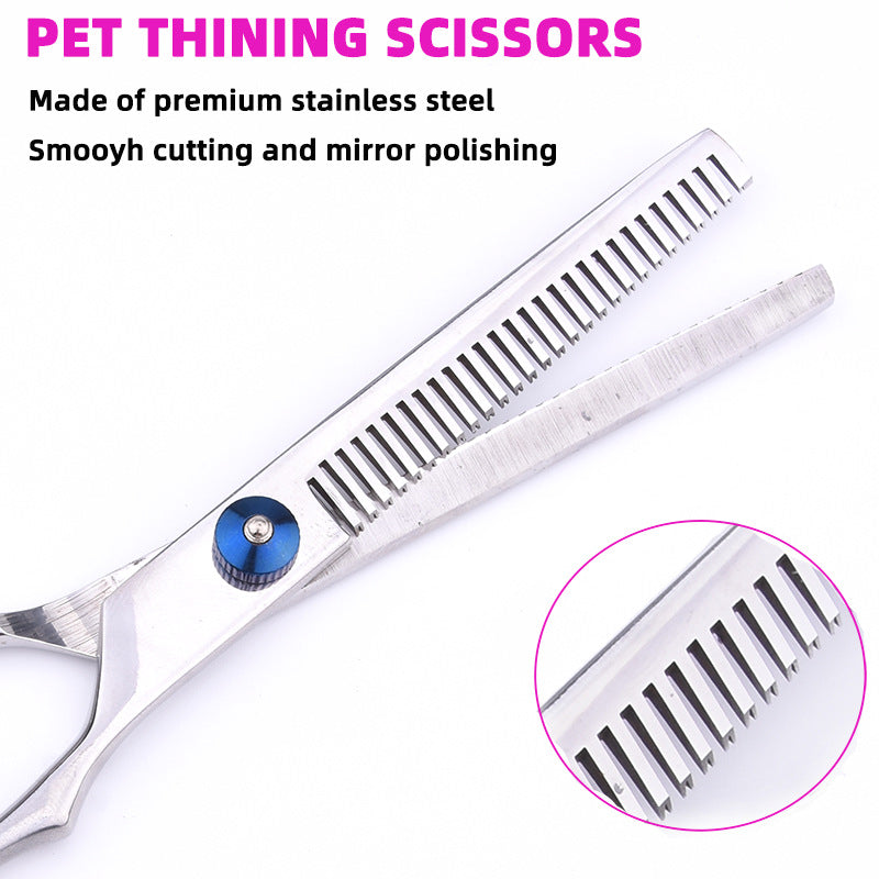 Blue & Silver 5-Piece Pet Grooming Scissors Kit | Stainless Steel Straight, Curved & Thinning Shears | 6 Inch