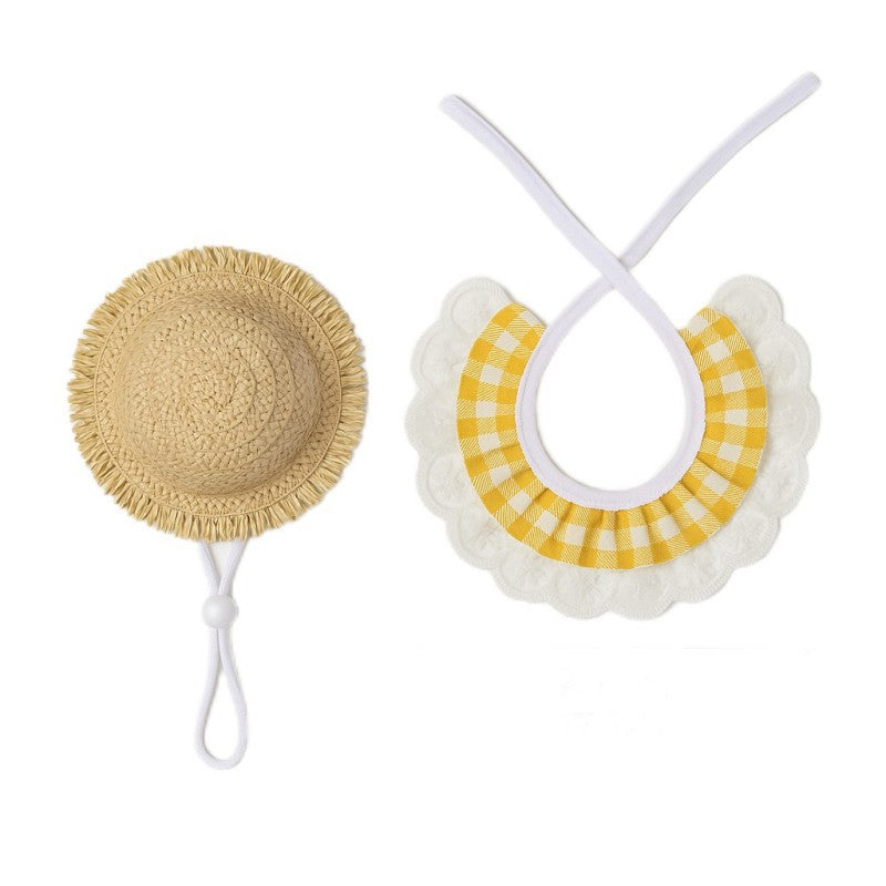 Khaki & Yellow Porch Goose Pet Costume Set | Summer Straw Hat & Gingham Bib | Small Pets