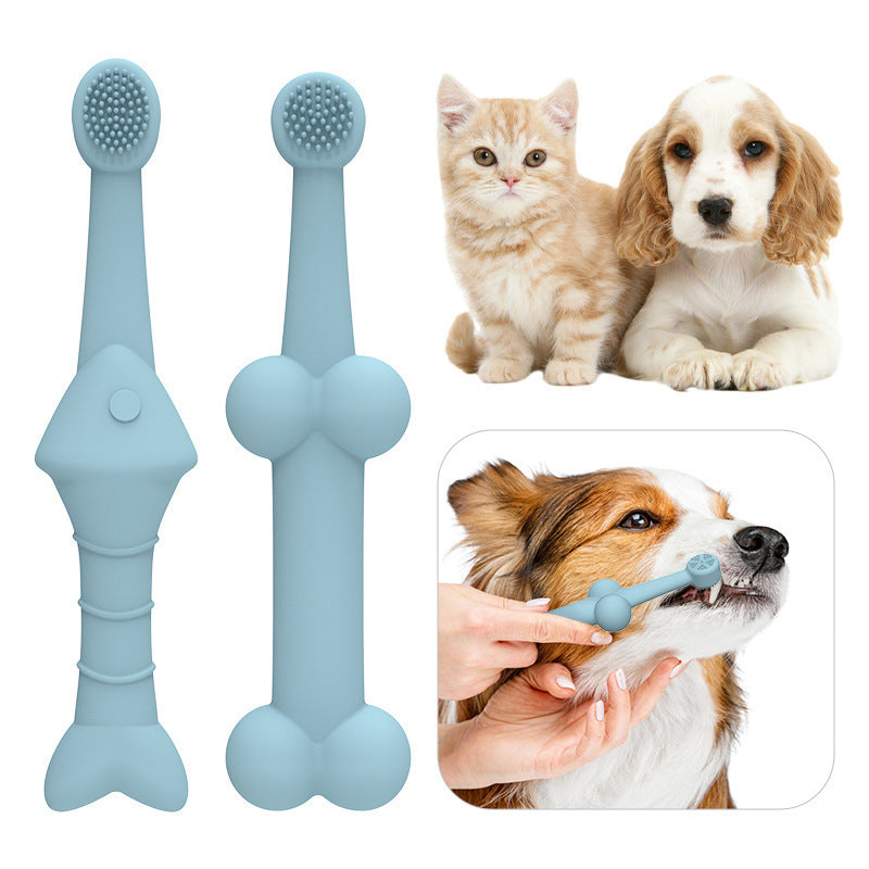 Blue Silicone Pet Toothbrush 6-Pack | Fish & Bone Shape | Food-Grade | Dogs & Cats