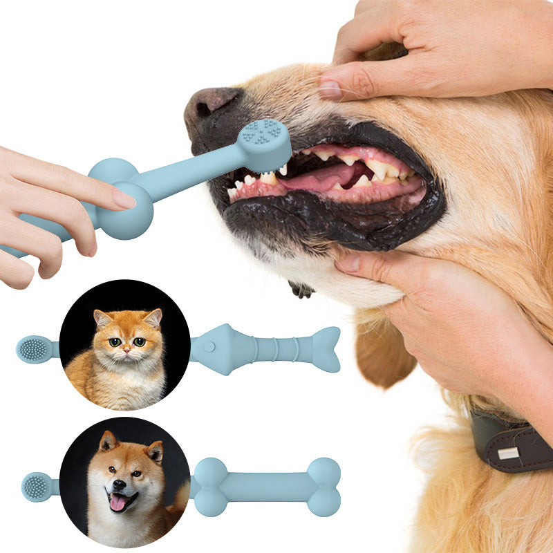 Blue Silicone Pet Toothbrush 6-Pack | Fish & Bone Shape | Food-Grade | Dogs & Cats