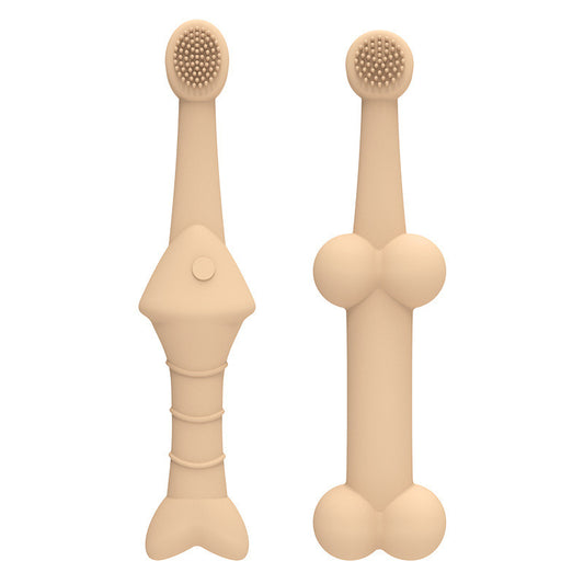 Beige Silicone Pet Toothbrush 6-Pack | Fish & Bone Shape | Food-Grade | Dogs & Cats