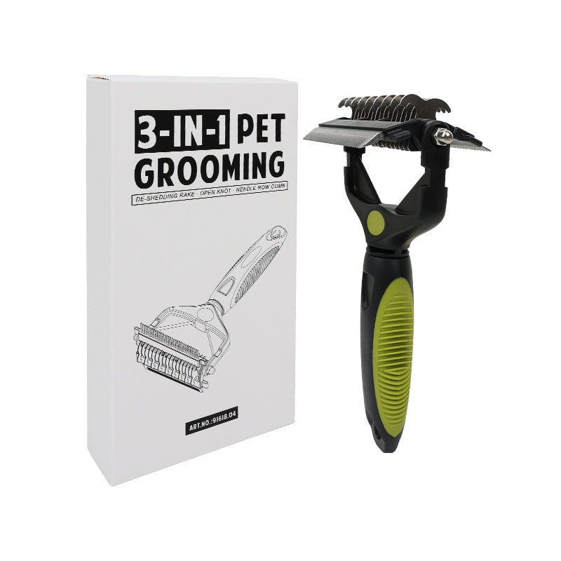Green & Black 3-in-1 Pet Grooming Tool | Dematting Rake Deshedding Comb & Finishing Brush | Dog & Cat