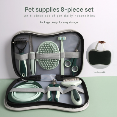 Grey & Green 8-Piece Pet Grooming Kit | Brushes Nail Clippers Scissors | Dog & Cat with Portable Case