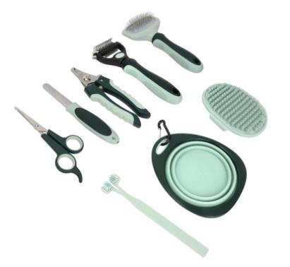 Grey & Green 8-Piece Pet Grooming Kit | Brushes Nail Clippers Scissors | Dog & Cat with Portable Case