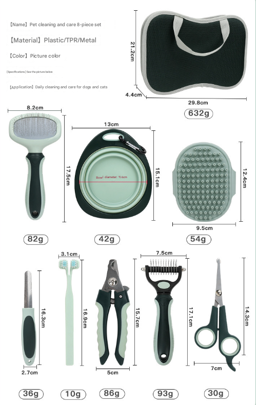 Grey & Green 8-Piece Pet Grooming Kit | Brushes Nail Clippers Scissors | Dog & Cat with Portable Case