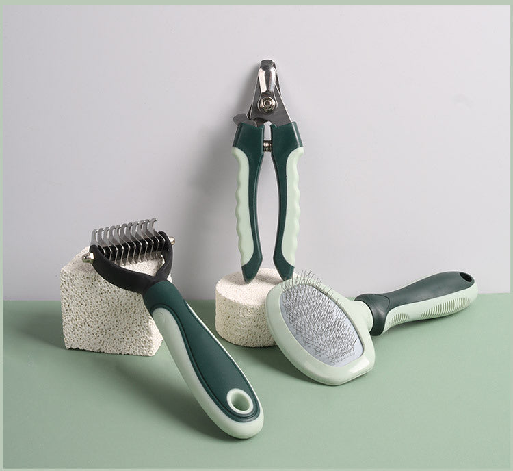 Grey & Green 8-Piece Pet Grooming Kit | Brushes Nail Clippers Scissors | Dog & Cat with Portable Case