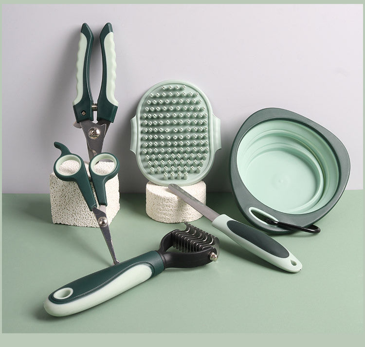 Grey & Green 8-Piece Pet Grooming Kit | Brushes Nail Clippers Scissors | Dog & Cat with Portable Case