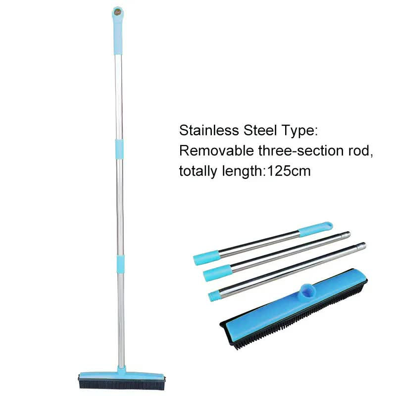 Blue & Silver Pet Hair Remover Rubber Broom & Squeegee | 125cm Adjustable Handle