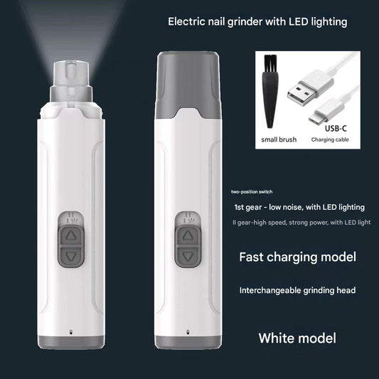 White Quiet Electric Pet Nail Grinder with LED | USB-C Rechargeable | 2-Speed | Dogs & Cats