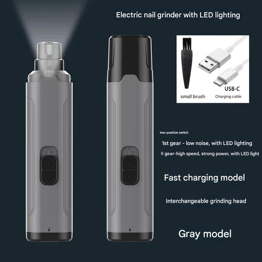 Grey Quiet Electric Pet Nail Grinder with LED | USB-C Rechargeable | 2-Speed | Dogs & Cats