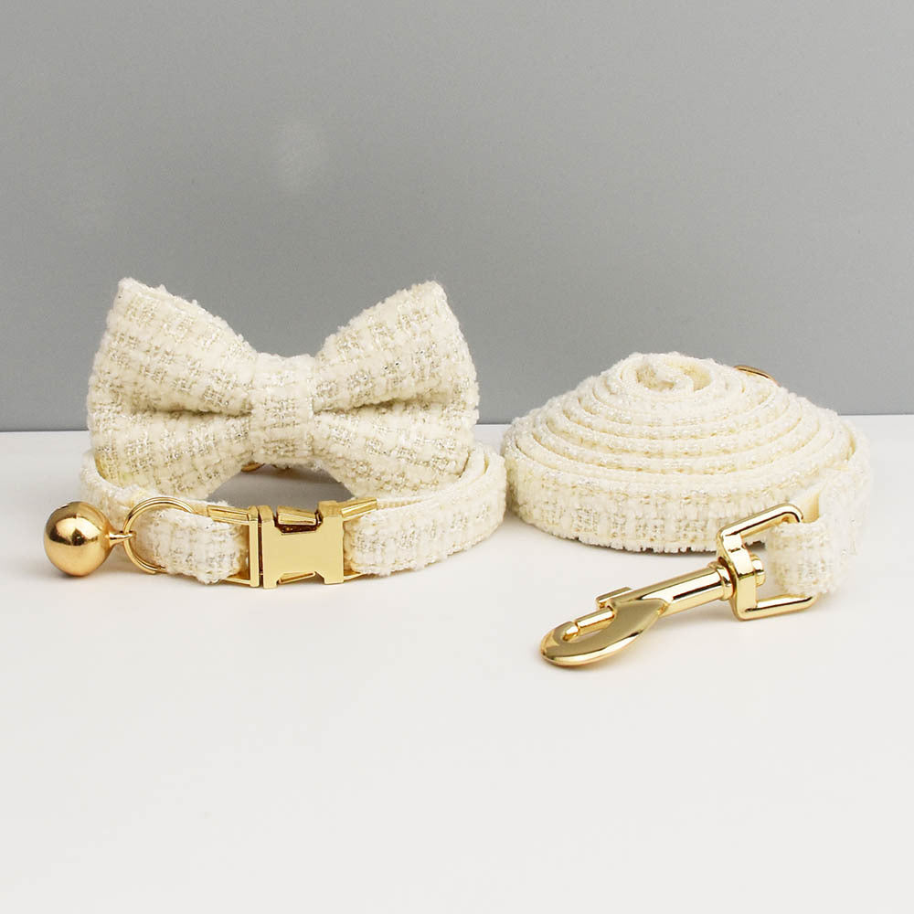 White Luxury Tweed Cat Collar & Leash Set | Removable Bow Tie & Bell | Kittens & Small Dogs | Size L