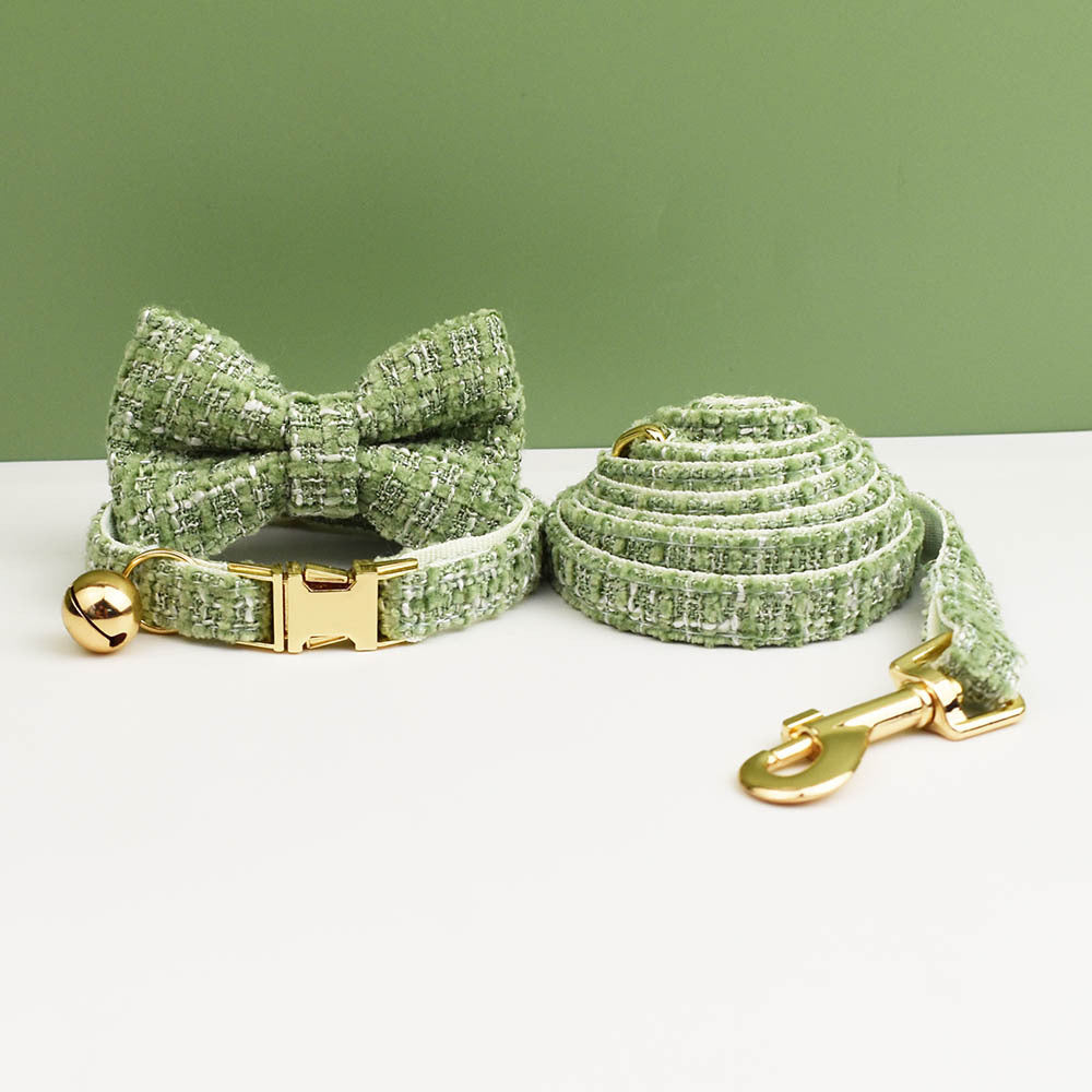 Green Luxury Tweed Cat Collar & Leash Set | Removable Bow Tie & Bell | Kittens & Small Dogs | Size S