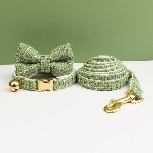 Green Luxury Tweed Cat Collar & Leash Set | Removable Bow Tie & Bell | Kittens & Small Dogs | Size S