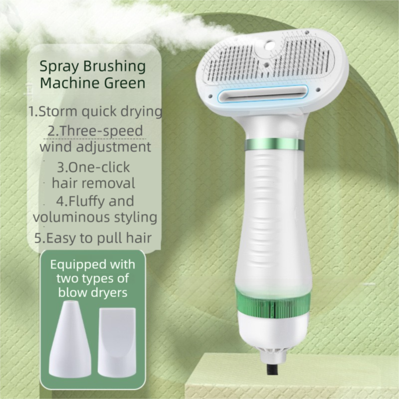 Green 6-in-1 Pet Grooming Hair Dryer | Noise-Reduction Blow Dryer & Mist Slicker Brush | 3-Speed