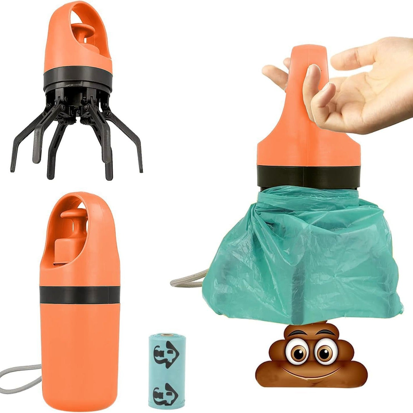 Orange Foldable 6-Claw Dog Poop Scooper | Built-in Bag Dispenser & 1 Roll | Outdoor Walking