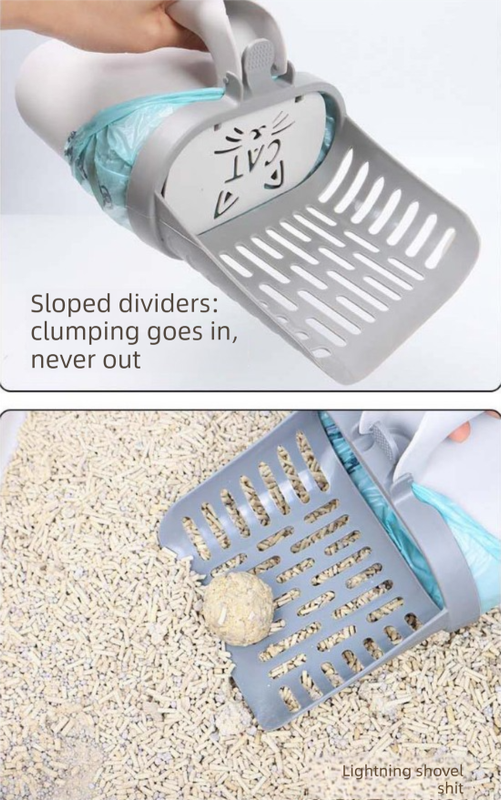 Grey 2-in-1 Cat Litter Scoop with Integrated Waste Bin | 1 Roll Refill Bags | Sifter Shovel