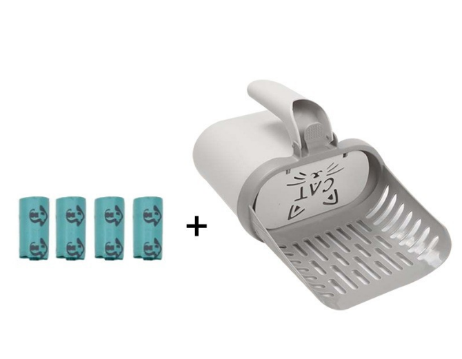 Grey 2-in-1 Cat Litter Scoop with Integrated Waste Bin | 4 Rolls Refill Bags | Detachable Kit