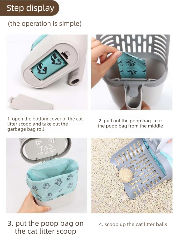 Grey 2-in-1 Cat Litter Scoop with Integrated Waste Bin | 4 Rolls Refill Bags | Detachable Kit