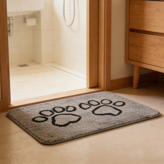 Grey Chenille Non-Slip Absorbent Pet Mat | Paw Print Design | 40x60cm | Dogs & Cats