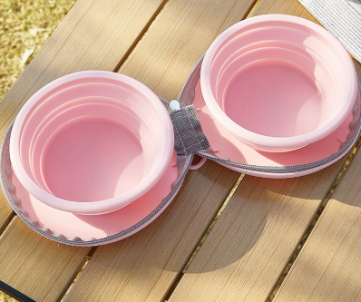 Pink Collapsible Silicone Travel Pet Bowls | 2x450ml | Zippered Carry Case | Dogs & Cats
