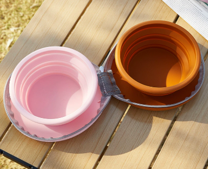 Brown-Pink Collapsible Silicone Travel Pet Bowls | 2x450ml | Zippered Carry Case | Dogs & Cats