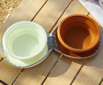 Brown-Yellow Collapsible Silicone Travel Pet Bowls | 2x450ml | Zippered Carry Case | Dogs & Cats