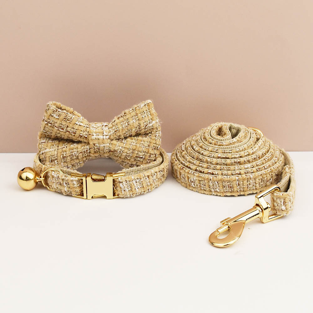 Khaki Elegant Tweed Pet Collar & Leash Set | Removable Bow Tie & Gold Bell | Cats & Small Dogs | Size L