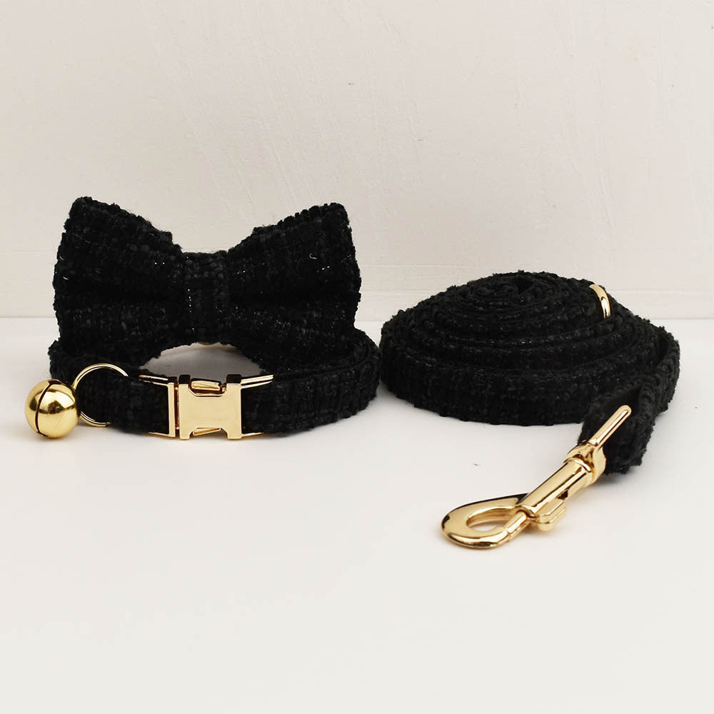 Black Elegant Tweed Pet Collar & Leash Set | Removable Bow Tie & Gold Bell | Cats & Small Dogs | Size L