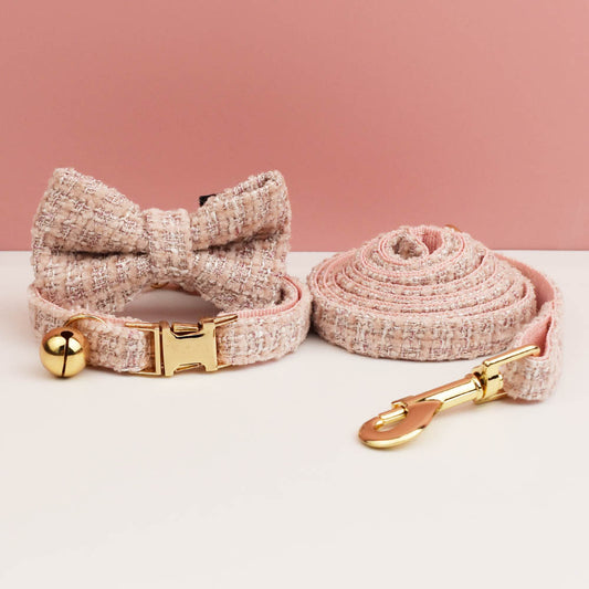Pink Elegant Tweed Pet Collar & Leash Set | Removable Bow Tie & Gold Bell | Cats & Small Dogs | Size S