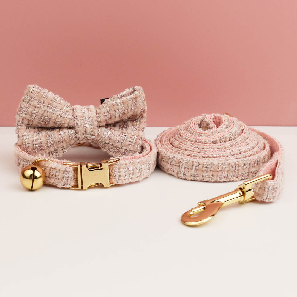 Pink Elegant Tweed Pet Collar & Leash Set | Removable Bow Tie & Gold Bell | Cats & Small Dogs | Size L