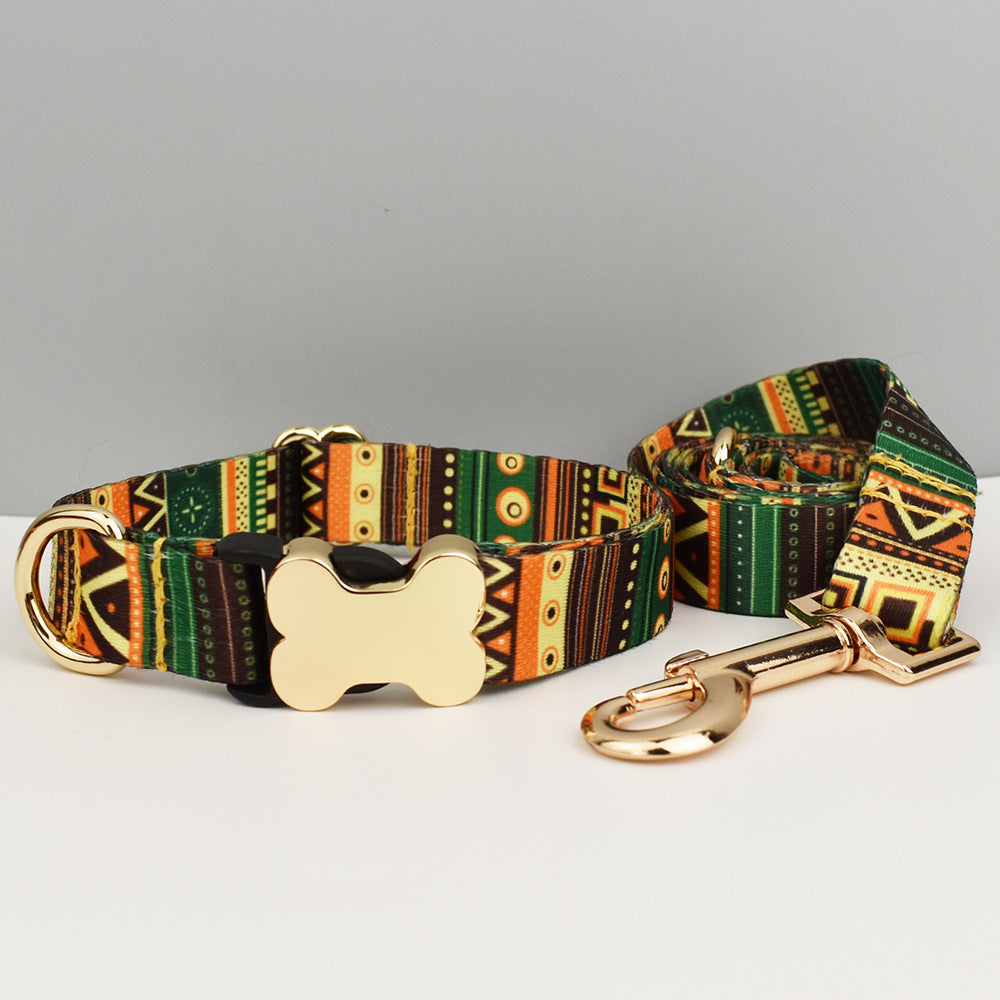 Green-Yellow Boho Dog Collar with Gold Metal Buckle | Size XL