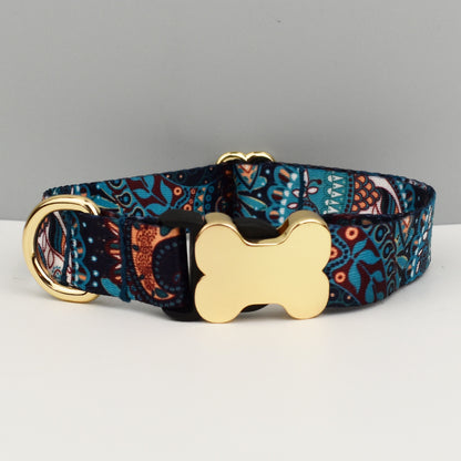 Blue Boho Dog Collar with Gold Metal Buckle | Size L