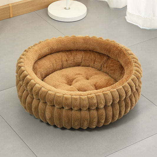 Plush Round Pet Bed with Removable Cushion | Medium | Dog & Cat | Coffee