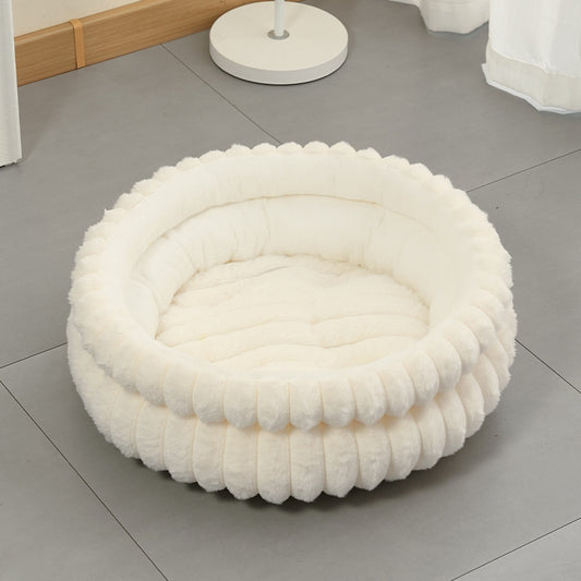 Plush Round Pet Bed with Removable Cushion | Medium | Dog & Cat | White