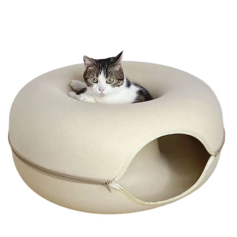 Felt Donut Cat Bed with Zipper Tunnel Toy | Double-Layer Cave | 50x20cm | Beige