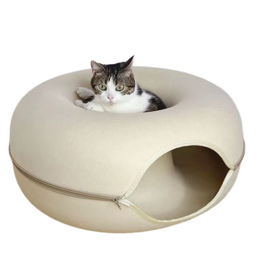 Felt Donut Cat Bed with Zipper Tunnel Toy | Double-Layer Cave | 50x20cm | Beige