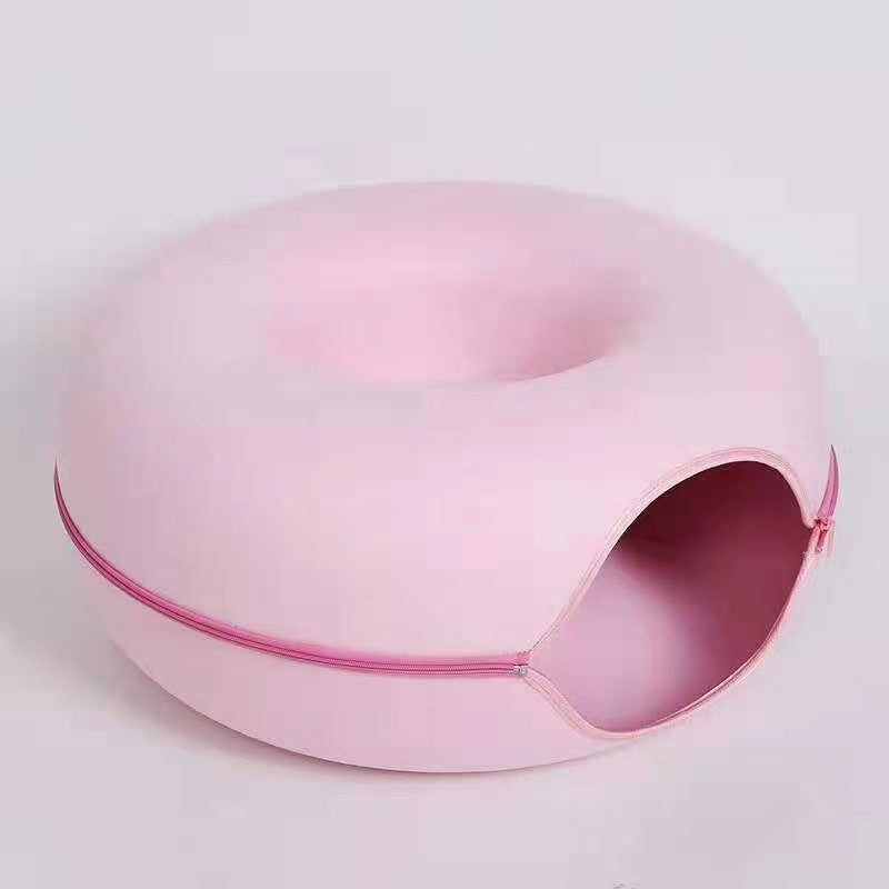 Felt Donut Cat Bed with Zipper Tunnel Toy | Double-Layer Cave | 50x20cm | Pink