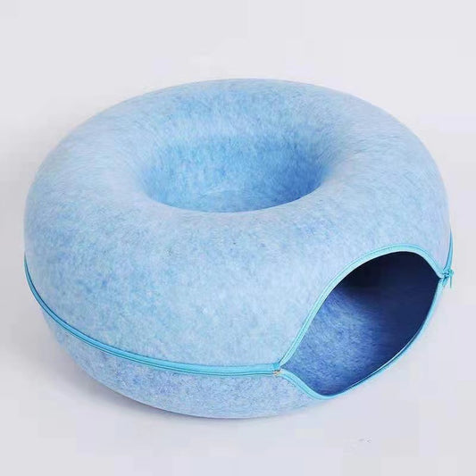 Felt Donut Cat Bed with Zipper Tunnel Toy | Double-Layer Cave | 50x20cm | Sky Blue