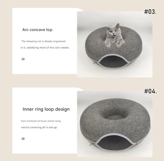 Felt Donut Cat Bed with Zipper Tunnel Toy | Double-Layer Cave | 50x20cm | Sky Blue