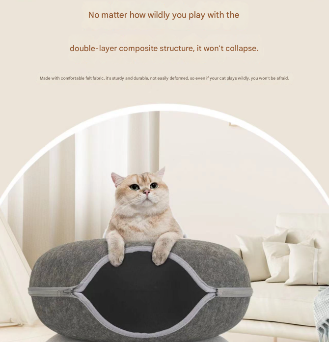 Felt Donut Cat Bed with Zipper Tunnel Toy | Double-Layer Cave | 50x20cm | Sky Blue